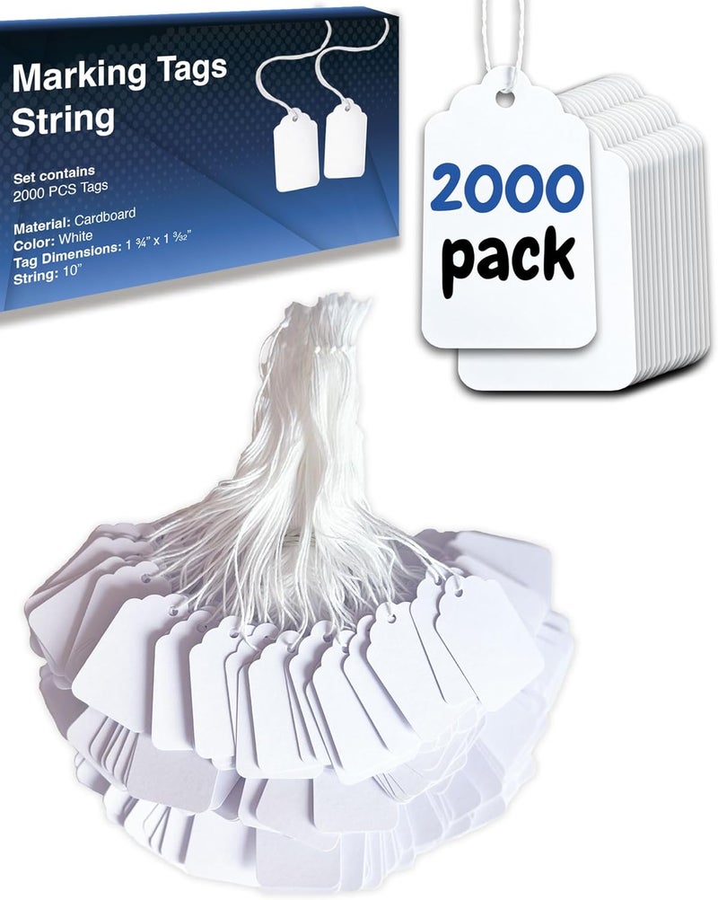 Easytwelve 2000 White Price Tags - Strung Display Tags, 1.75 x 1.093 inch for Product, Jewelry, Clothing, Yard Sale, Garage Supplies - Image 1